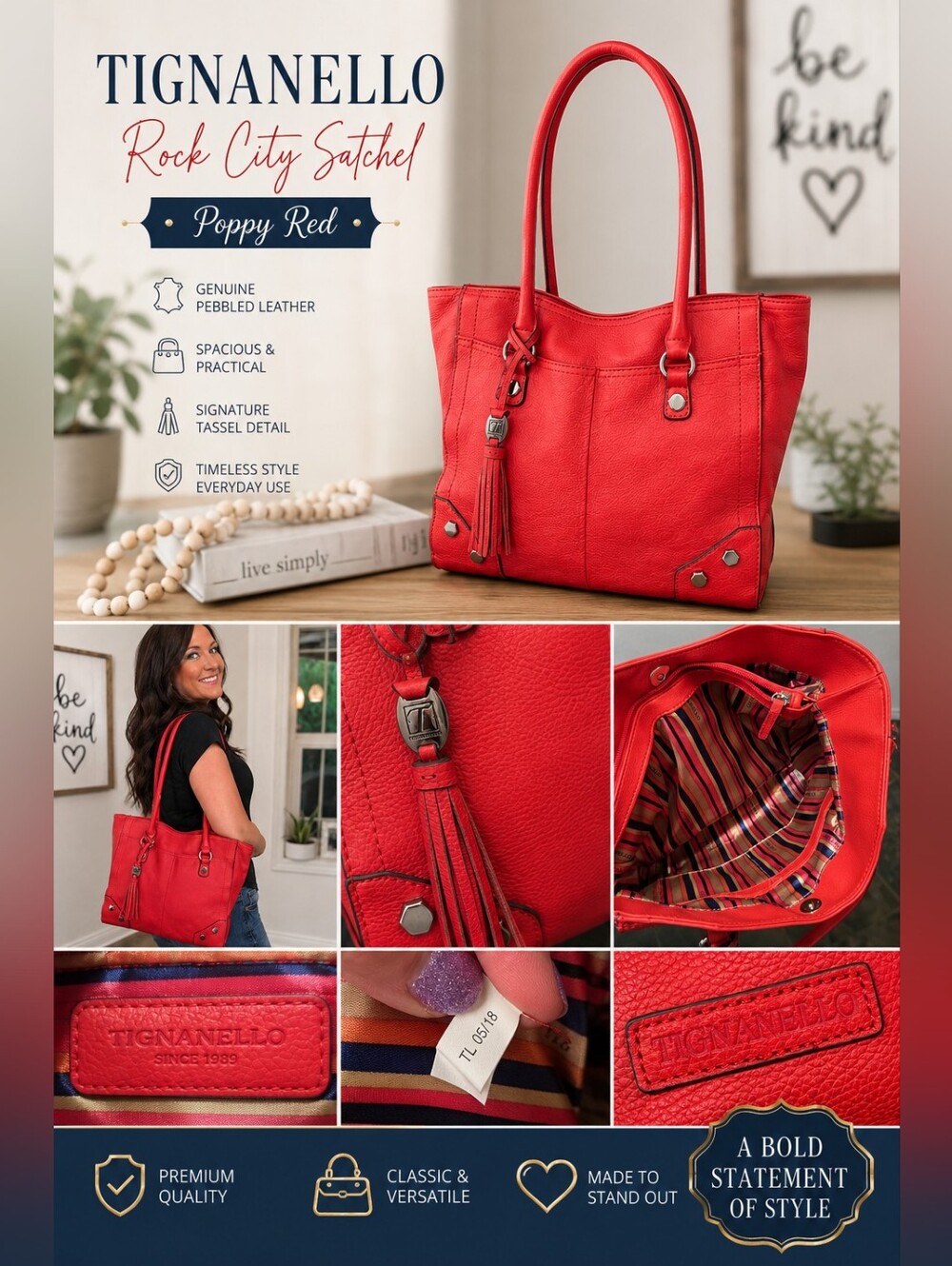 Tignanello Rock City Satchel in Poppy Red